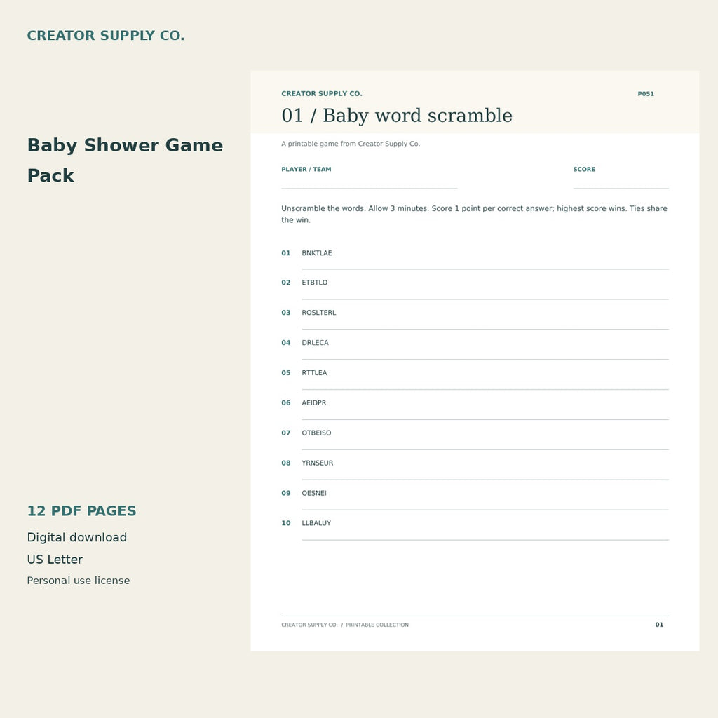 Baby Shower Game Pack – printable PDF pages preview
