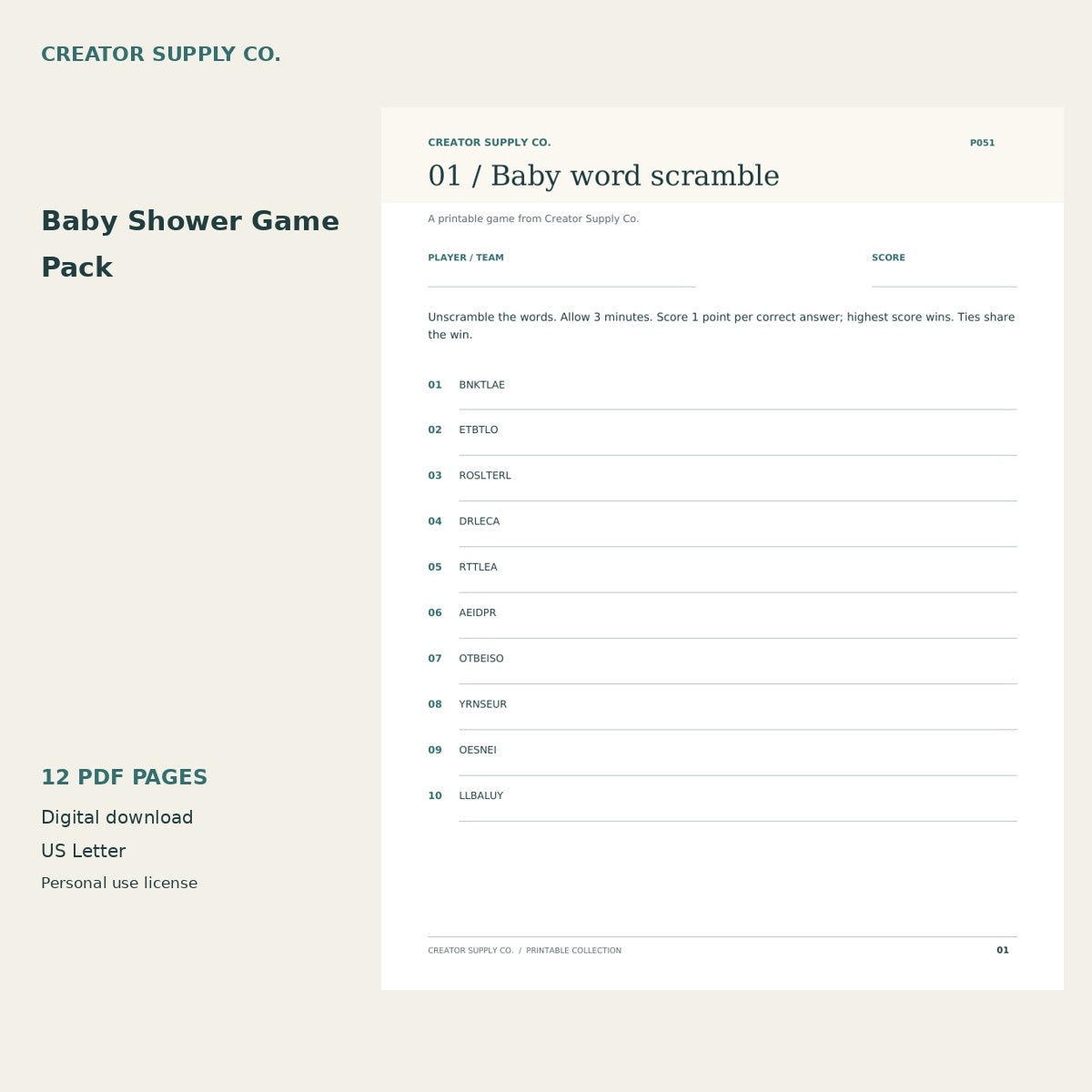 Baby Shower Game Pack – printable PDF pages preview
