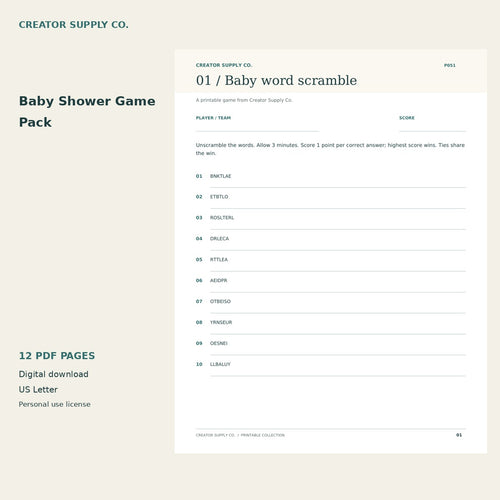 Baby Shower Game Pack – printable PDF pages preview