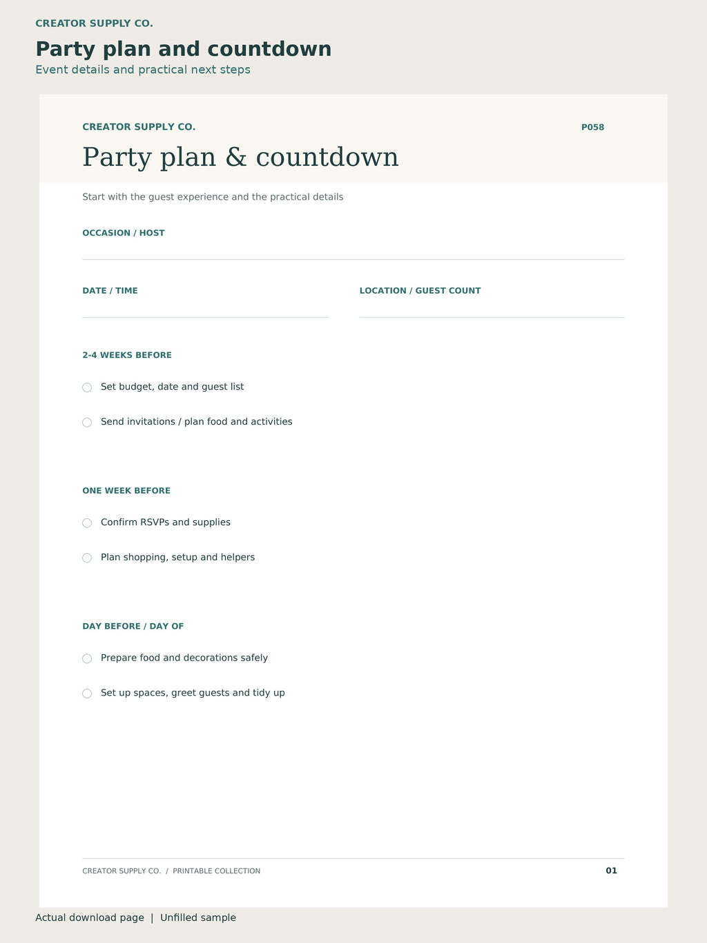 Party Planning Checklist – party plan and countdown page: event details and practical next steps