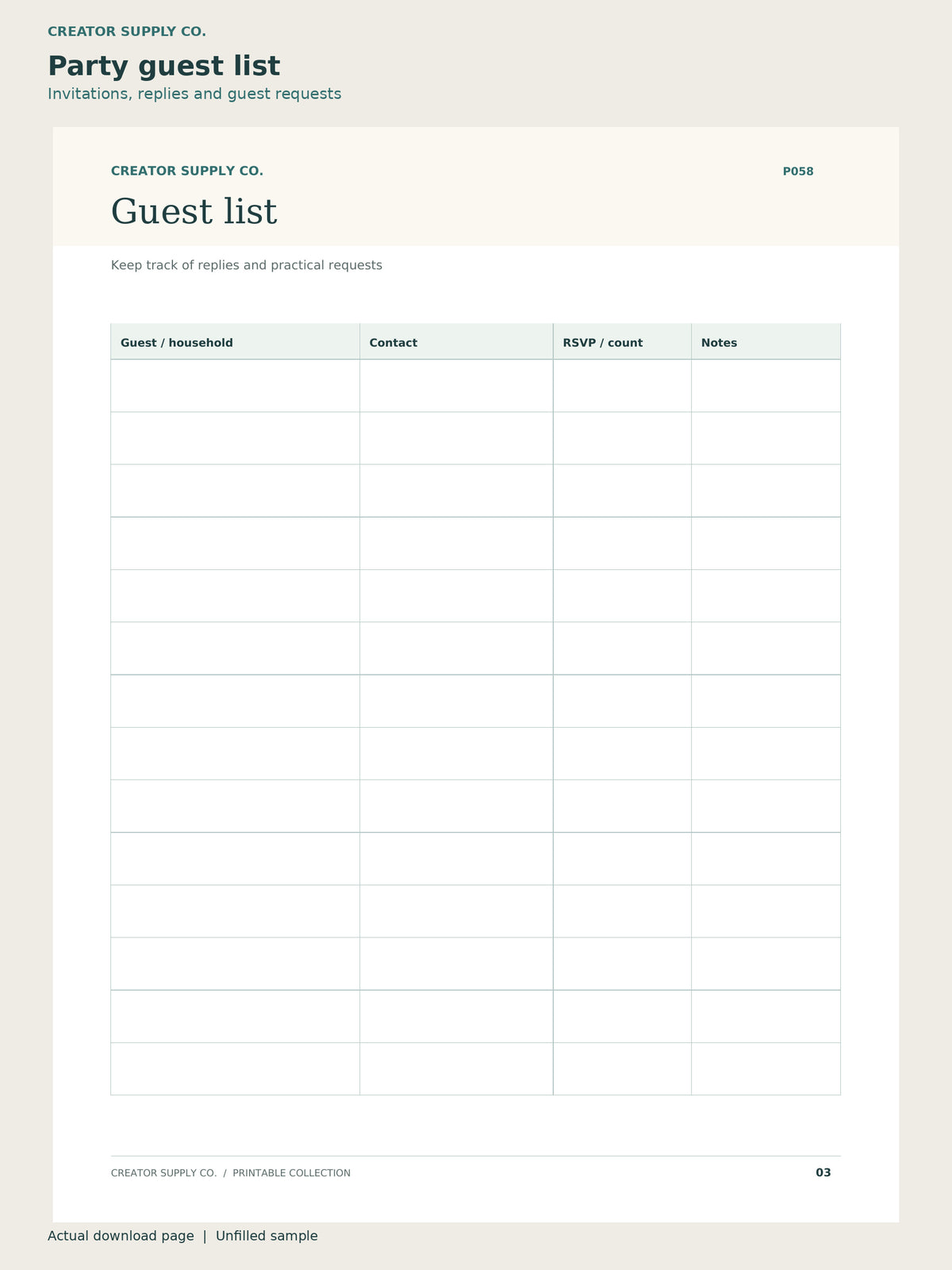 Party Planning Checklist – party guest list page: invitations, replies and guest requests