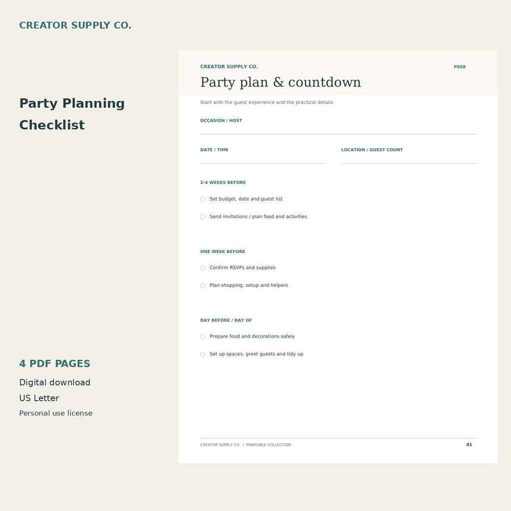 Party Planning Checklist – printable PDF pages preview