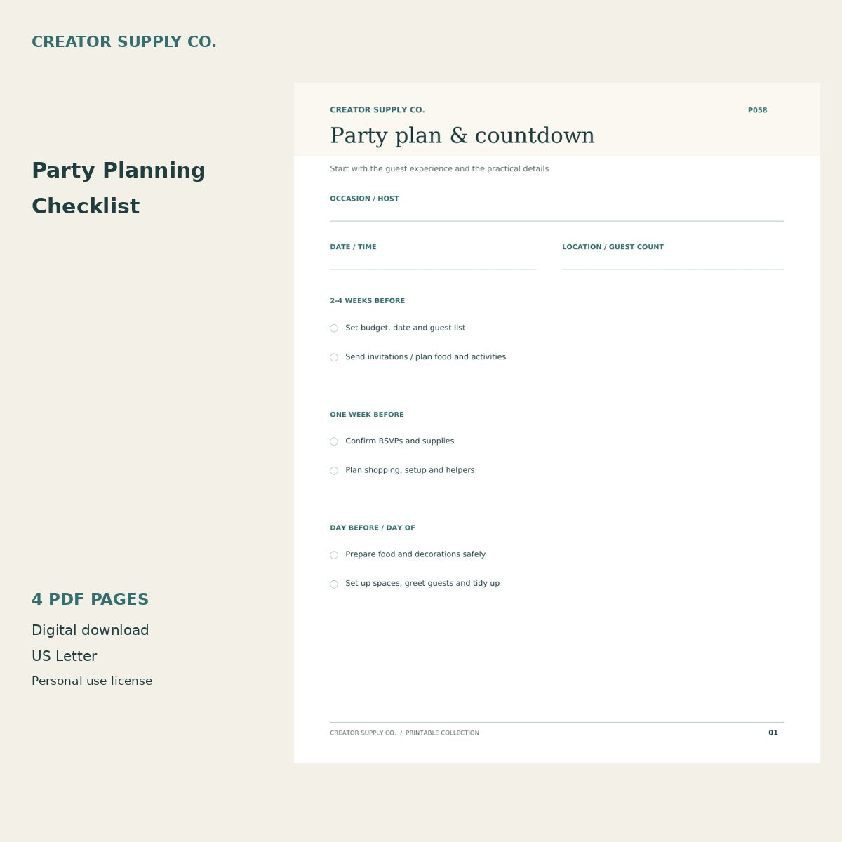 Party Planning Checklist – printable PDF pages preview