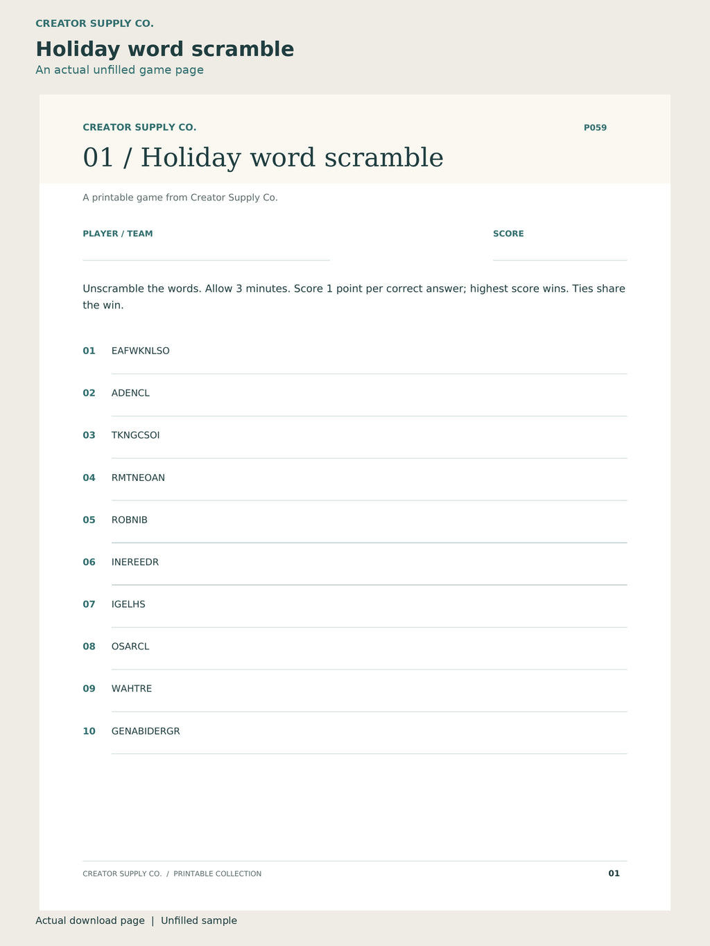 Holiday Party Game Pack – holiday word scramble page: a printable game page