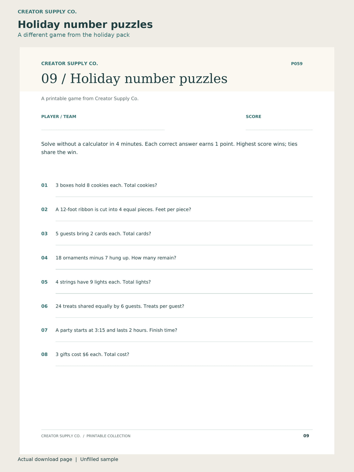 Holiday Party Game Pack – holiday number puzzles page: a different game from the holiday pack