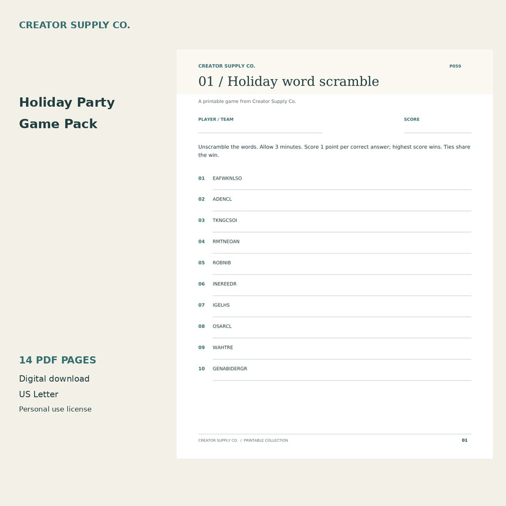 Holiday Party Game Pack – printable PDF pages preview