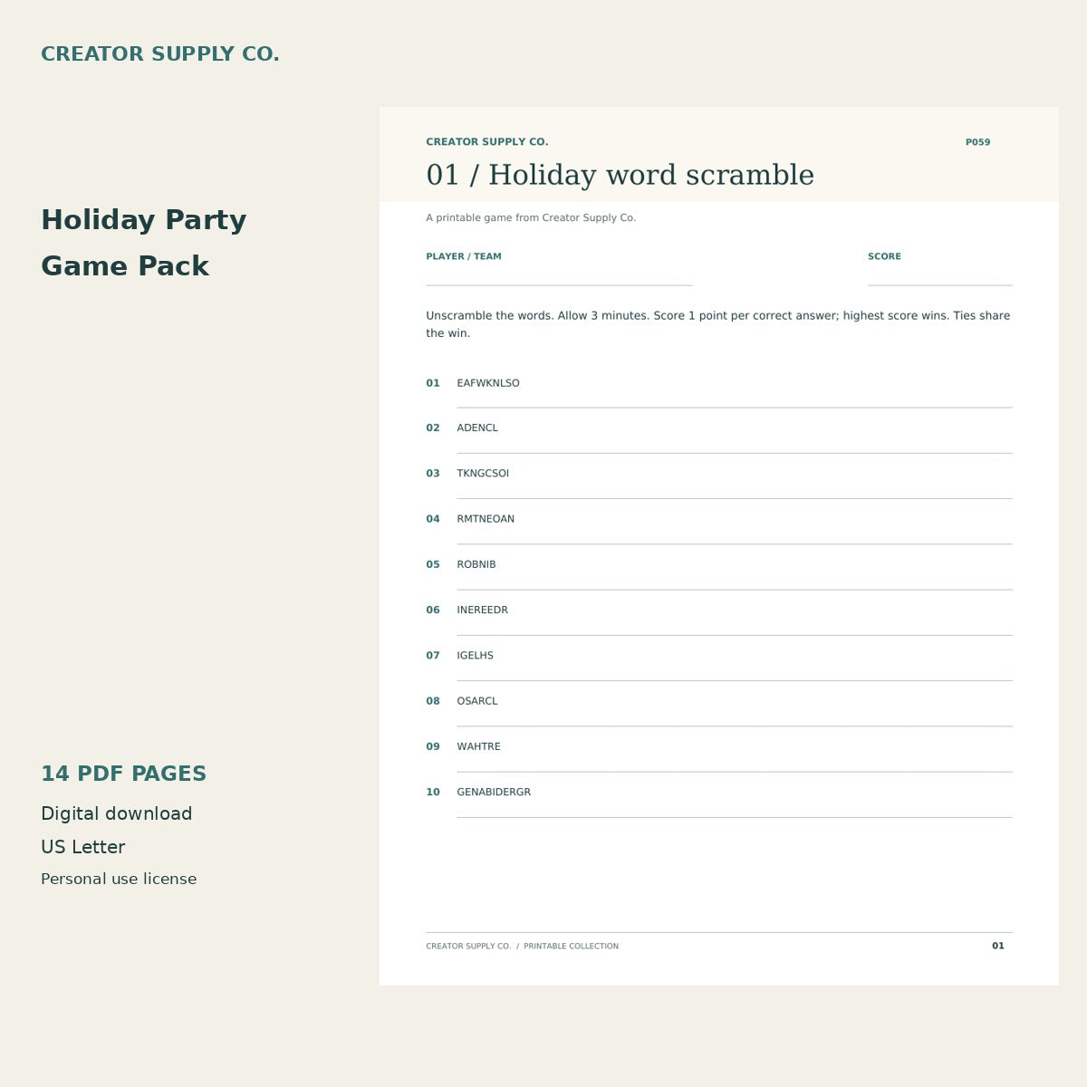 Holiday Party Game Pack – printable PDF pages preview