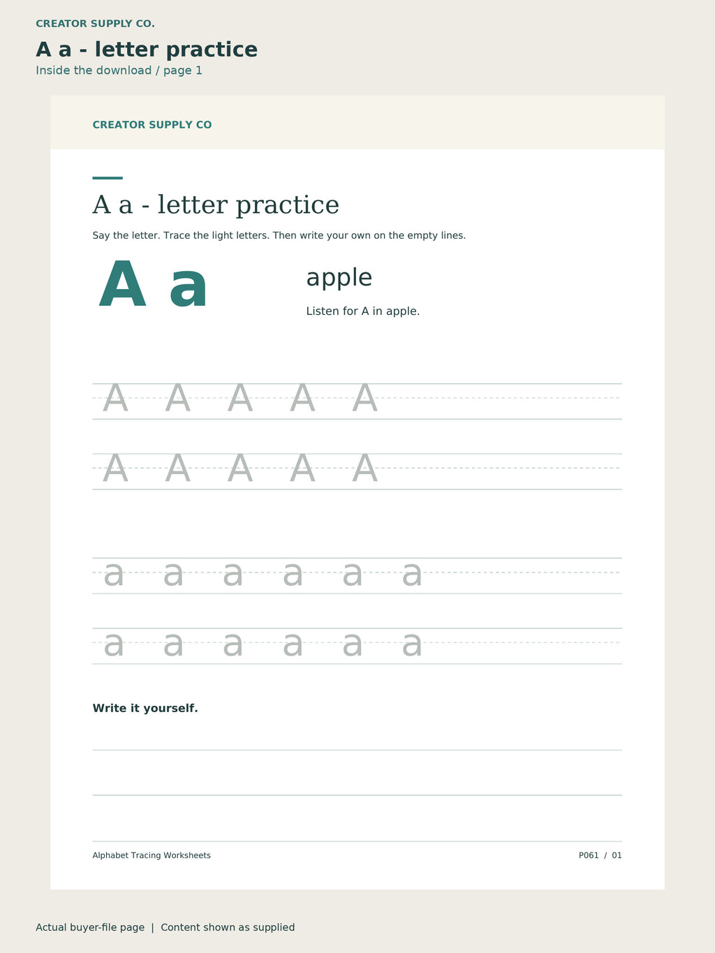 Page 1 from Alphabet Tracing Worksheets, showing A a - letter practice.