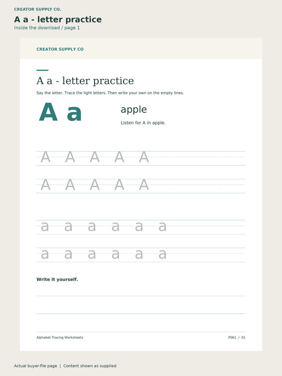 Page 1 from Alphabet Tracing Worksheets, showing A a - letter practice.