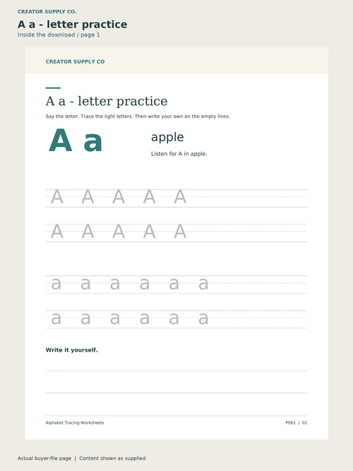 Page 1 from Alphabet Tracing Worksheets, showing A a - letter practice.