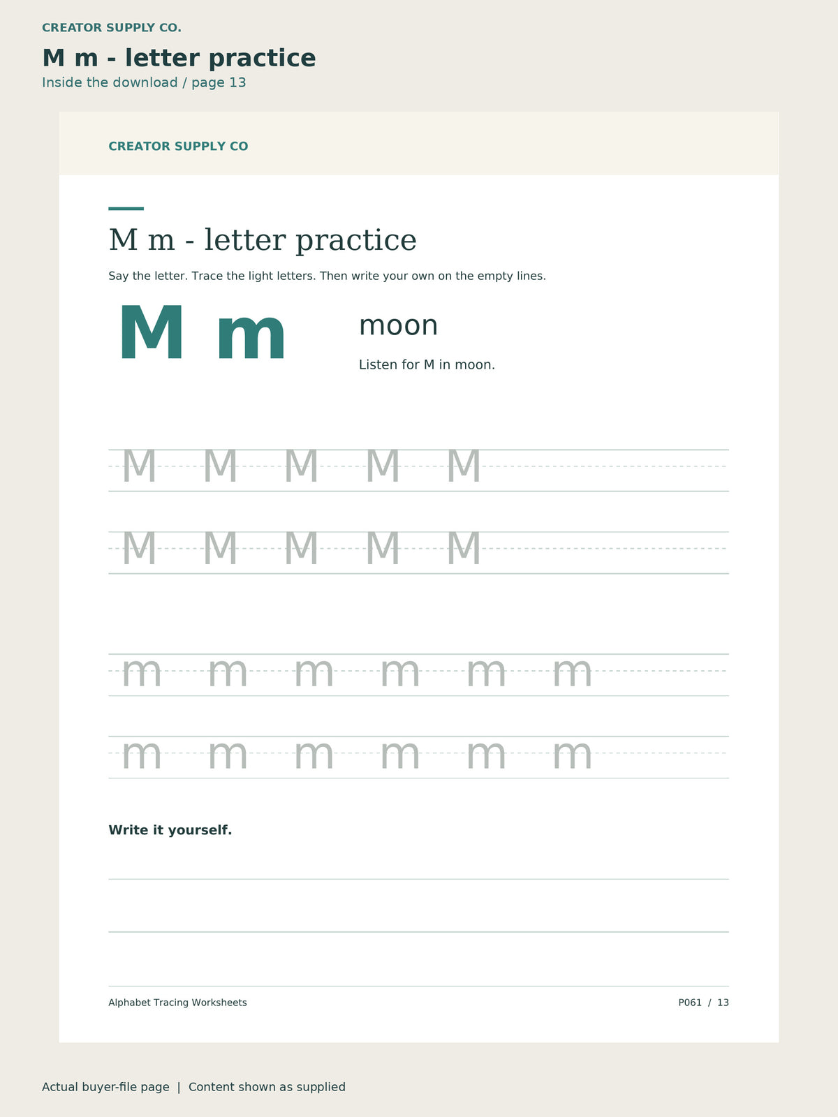 Page 13 from Alphabet Tracing Worksheets, showing M m - letter practice.