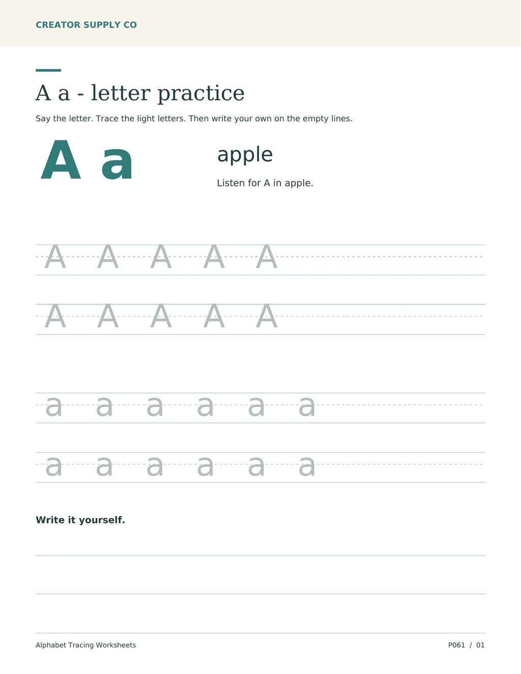 Letter A worksheet with uppercase and lowercase tracing, the word apple, and blank handwriting lines.