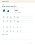 Letter A worksheet with uppercase and lowercase tracing, the word apple, and blank handwriting lines.