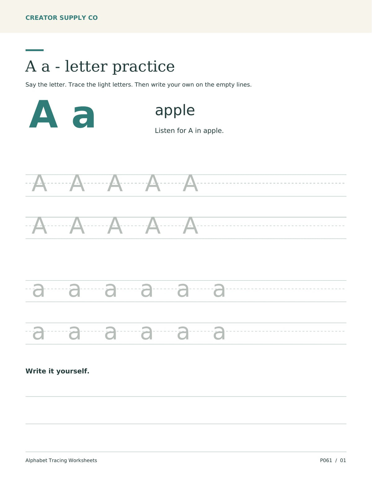 Letter A worksheet with uppercase and lowercase tracing, the word apple, and blank handwriting lines.
