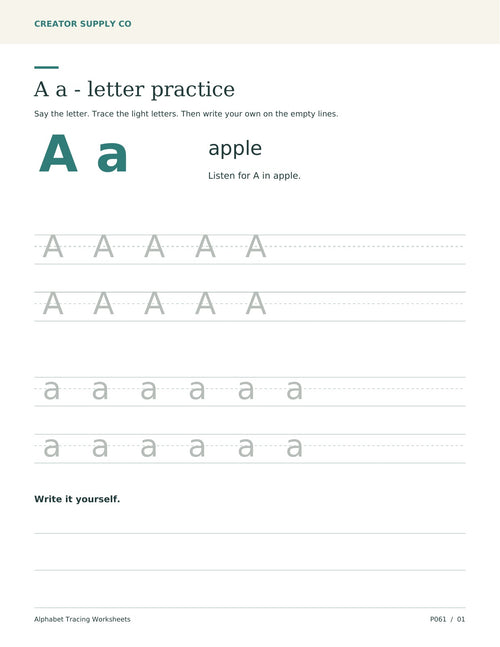 Letter A worksheet with uppercase and lowercase tracing, the word apple, and blank handwriting lines.