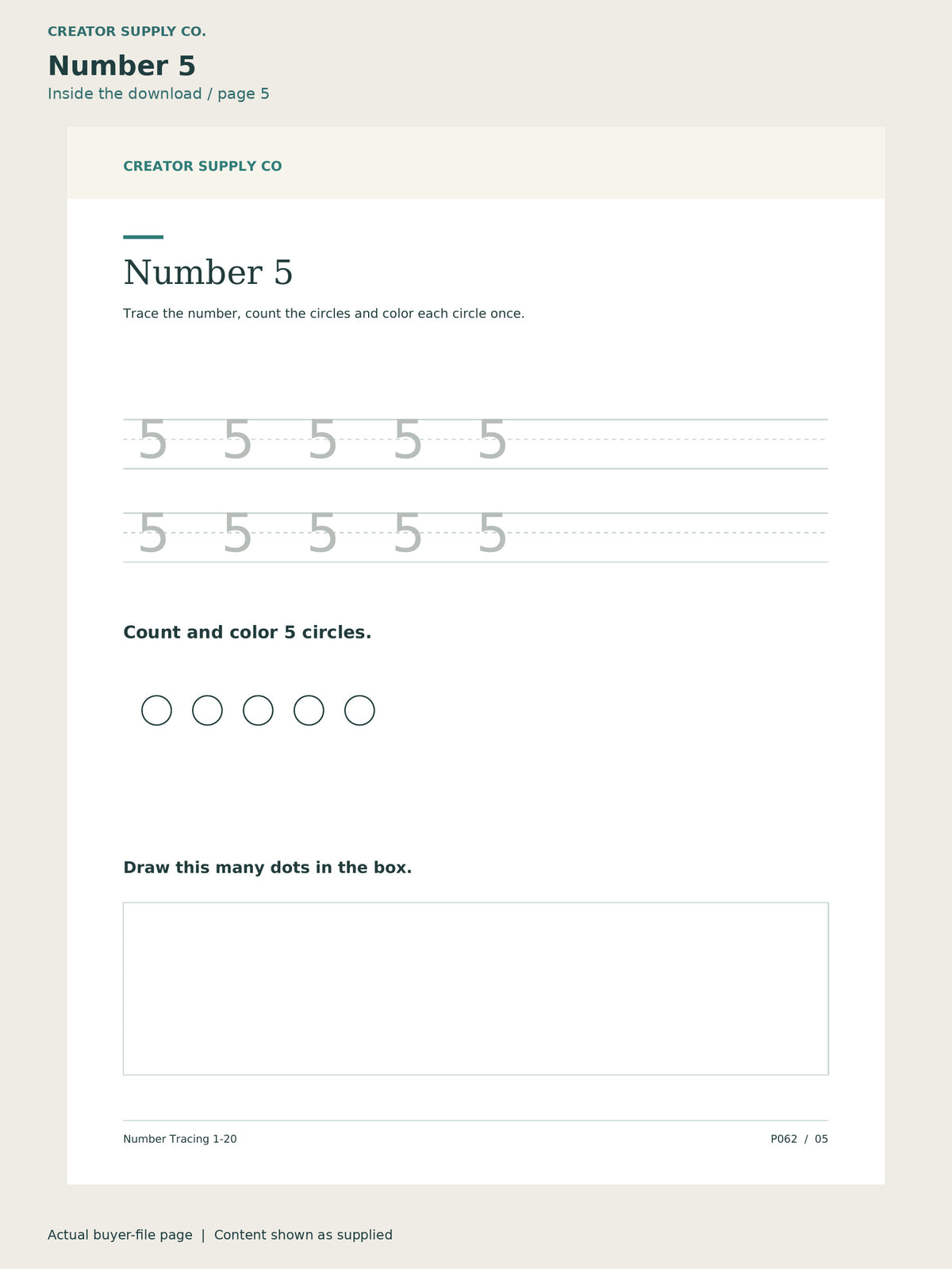 Page 5 from Number Tracing 1–20, showing Number 5.
