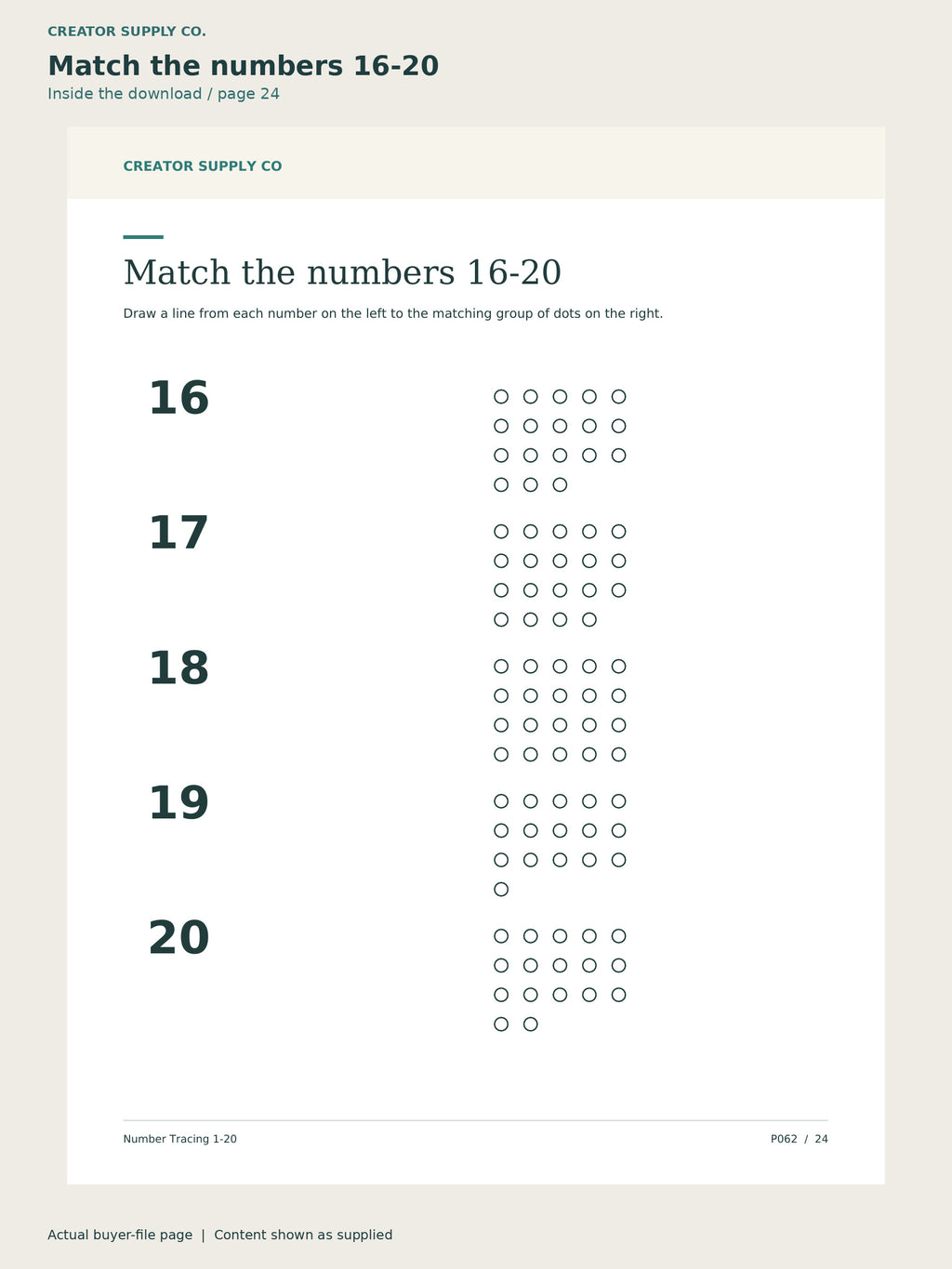 Page 24 from Number Tracing 1–20, showing Match the numbers 16-20.