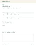 Number 1 worksheet with tracing rows, one circle to count and color, and a box for drawing a dot.