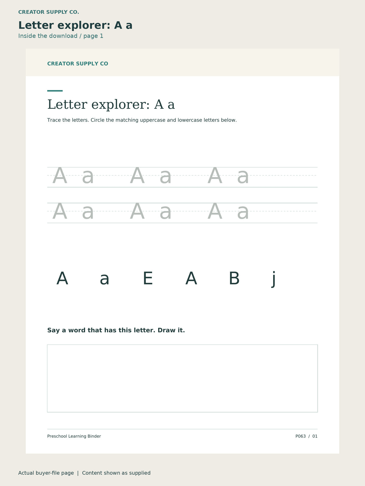 Page 1 from Preschool Learning Binder, showing Letter explorer: A a.