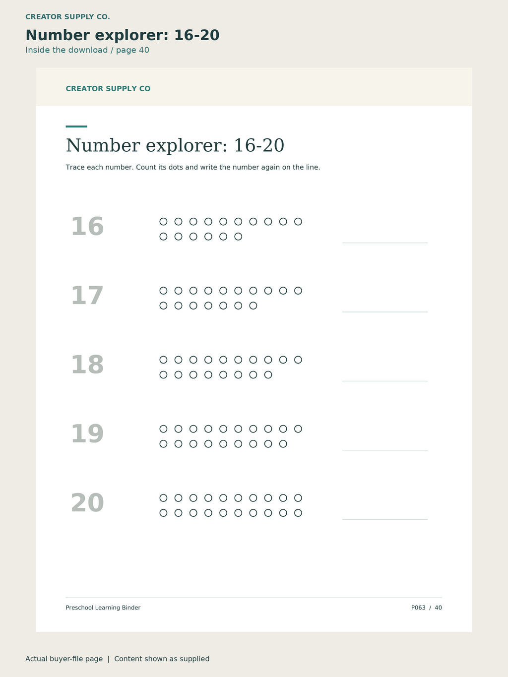 Page 40 from Preschool Learning Binder, showing Number explorer: 16-20.