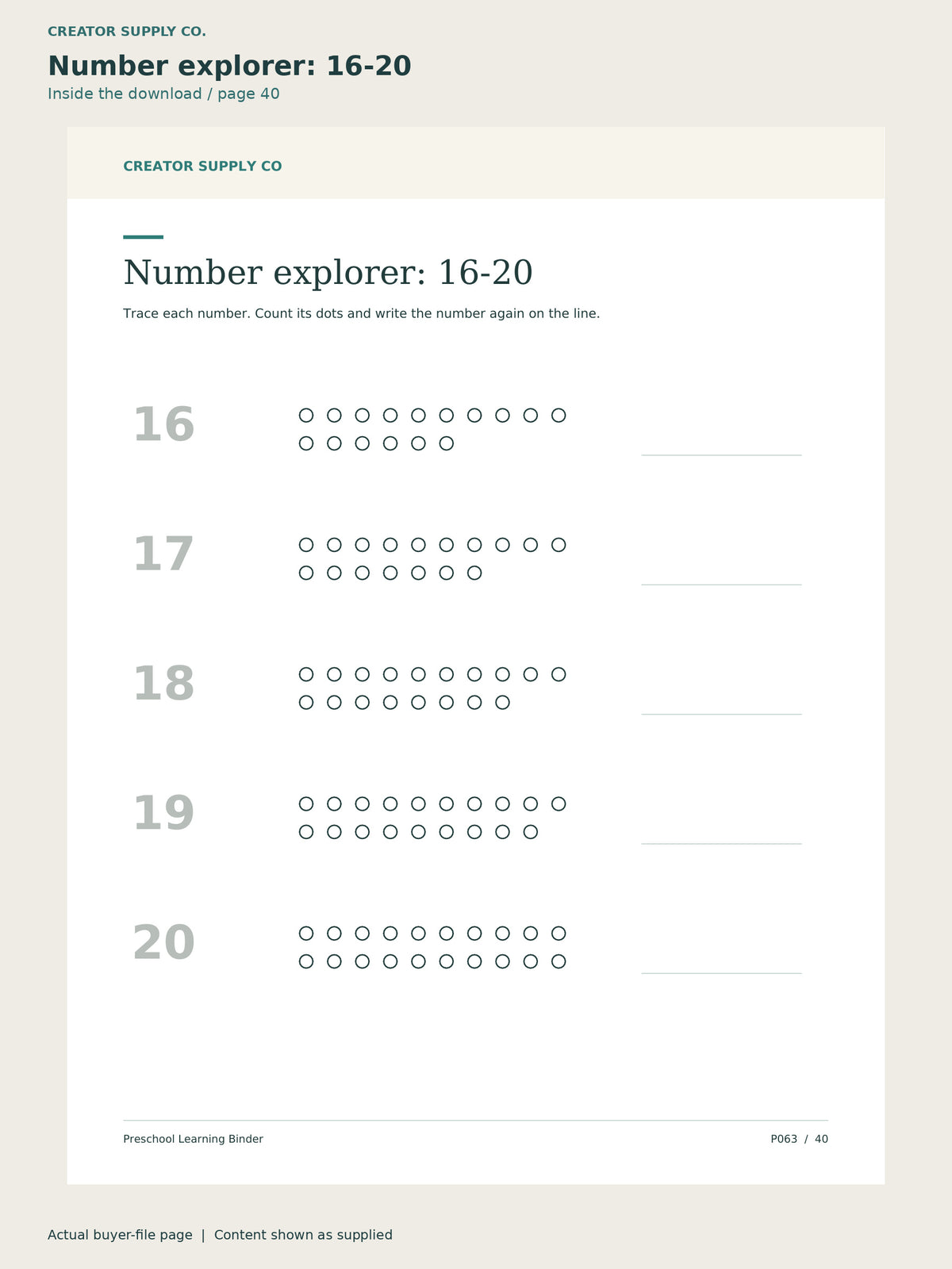 Page 40 from Preschool Learning Binder, showing Number explorer: 16-20.