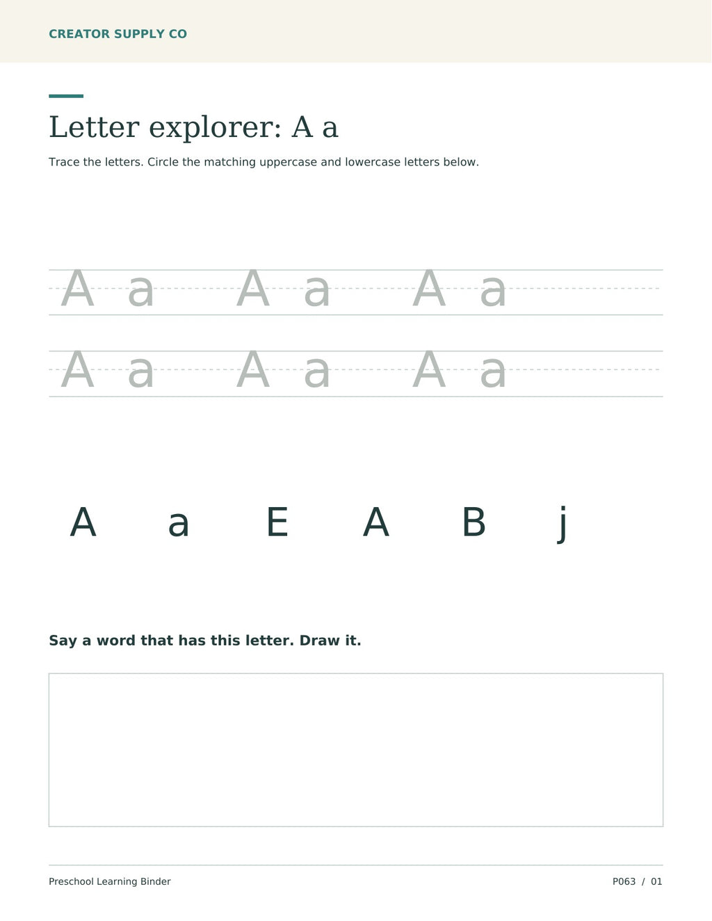 Preschool letter A activity with uppercase and lowercase tracing, matching-letter choices, and a drawing box.