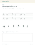 Preschool letter A activity with uppercase and lowercase tracing, matching-letter choices, and a drawing box.