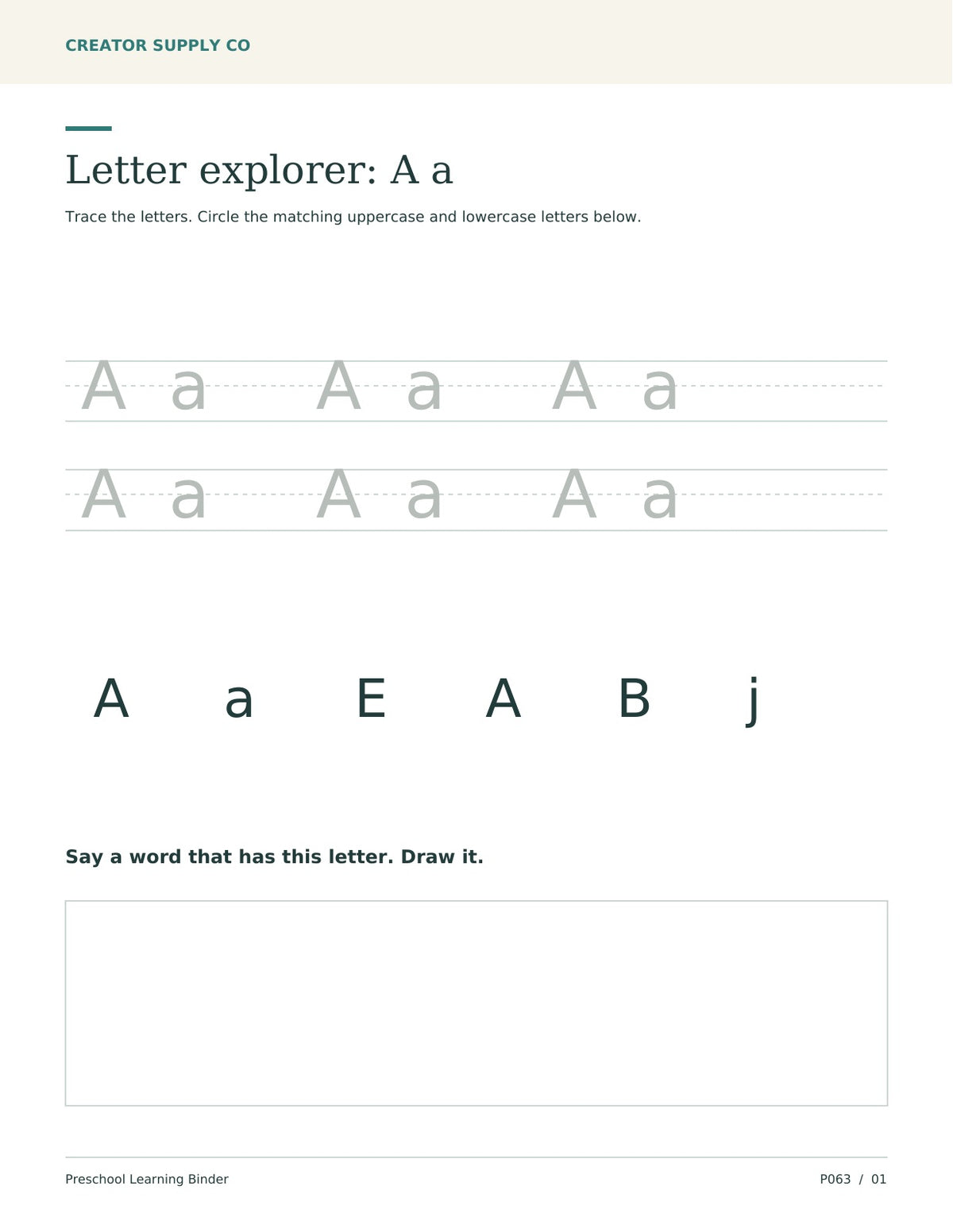 Preschool letter A activity with uppercase and lowercase tracing, matching-letter choices, and a drawing box.