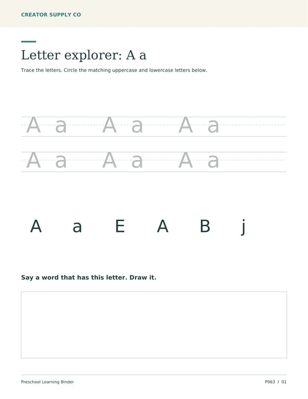 Preschool letter A activity with uppercase and lowercase tracing, matching-letter choices, and a drawing box.