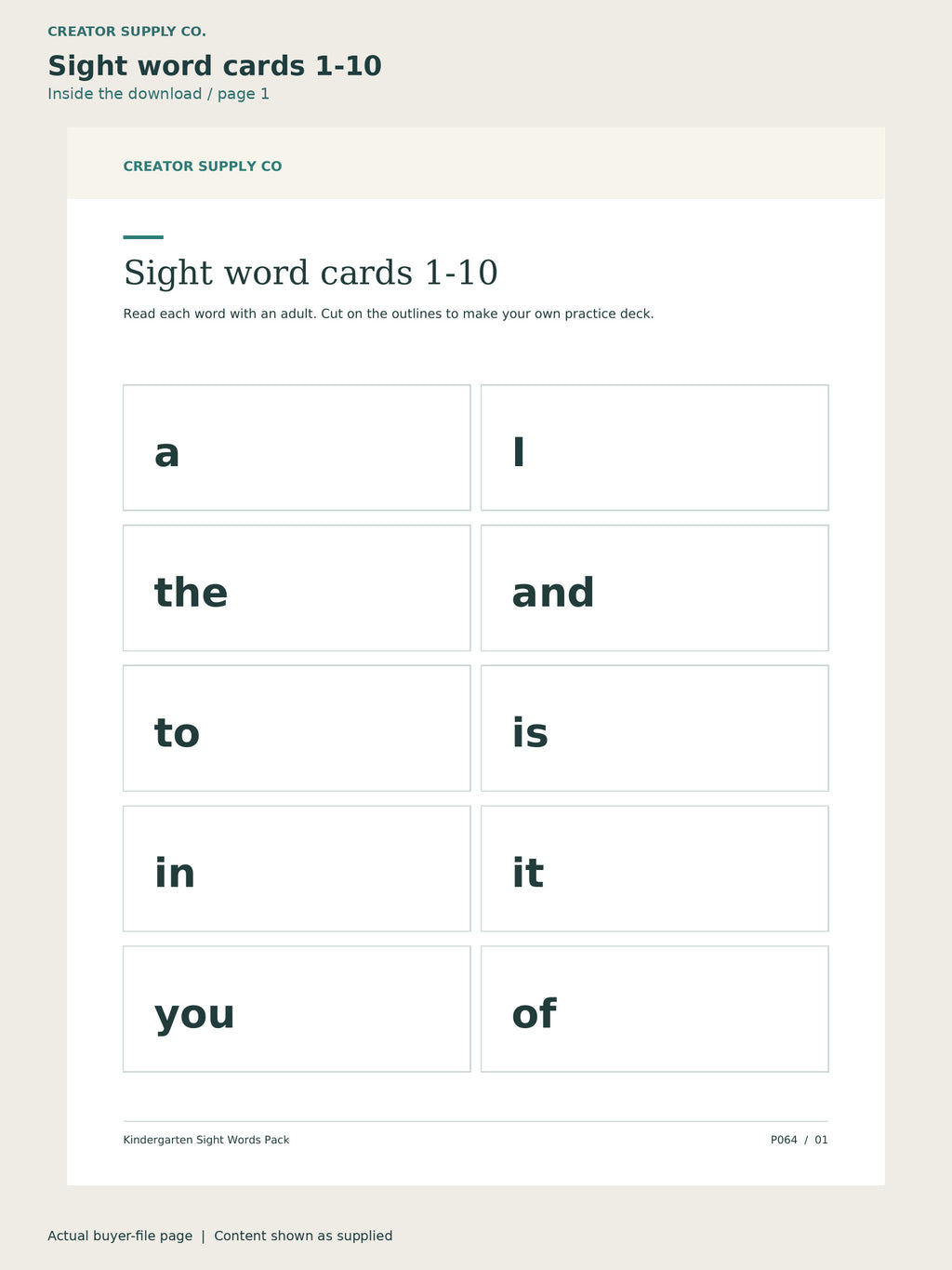 Page 1 from Kindergarten Sight Words Pack, showing Sight word cards 1-10.