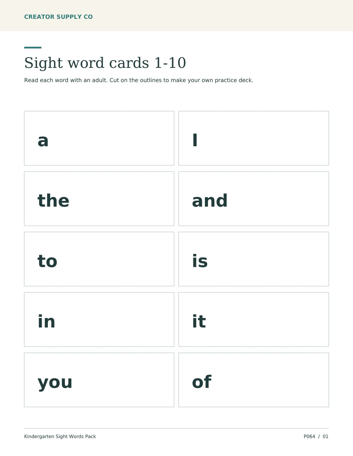 Ten cut-out sight-word cards: a, I, the, and, to, is, in, it, you and of.
