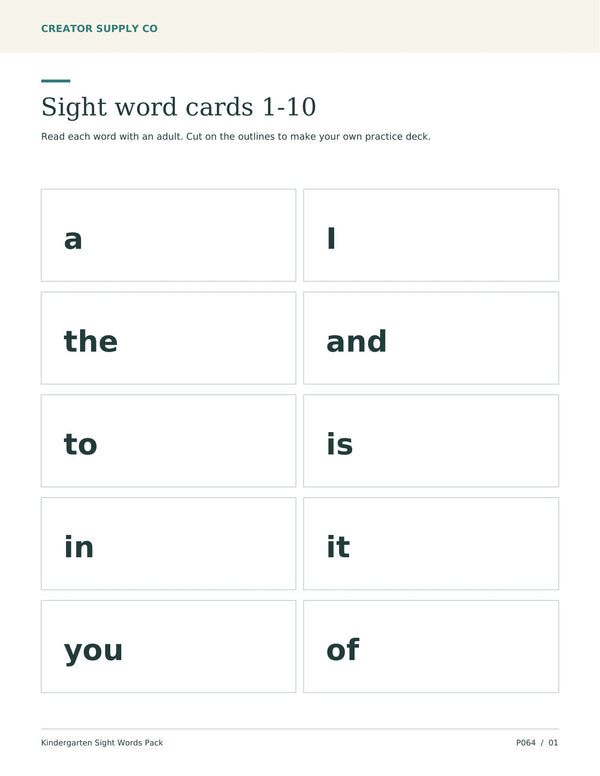 Ten cut-out sight-word cards: a, I, the, and, to, is, in, it, you and of.