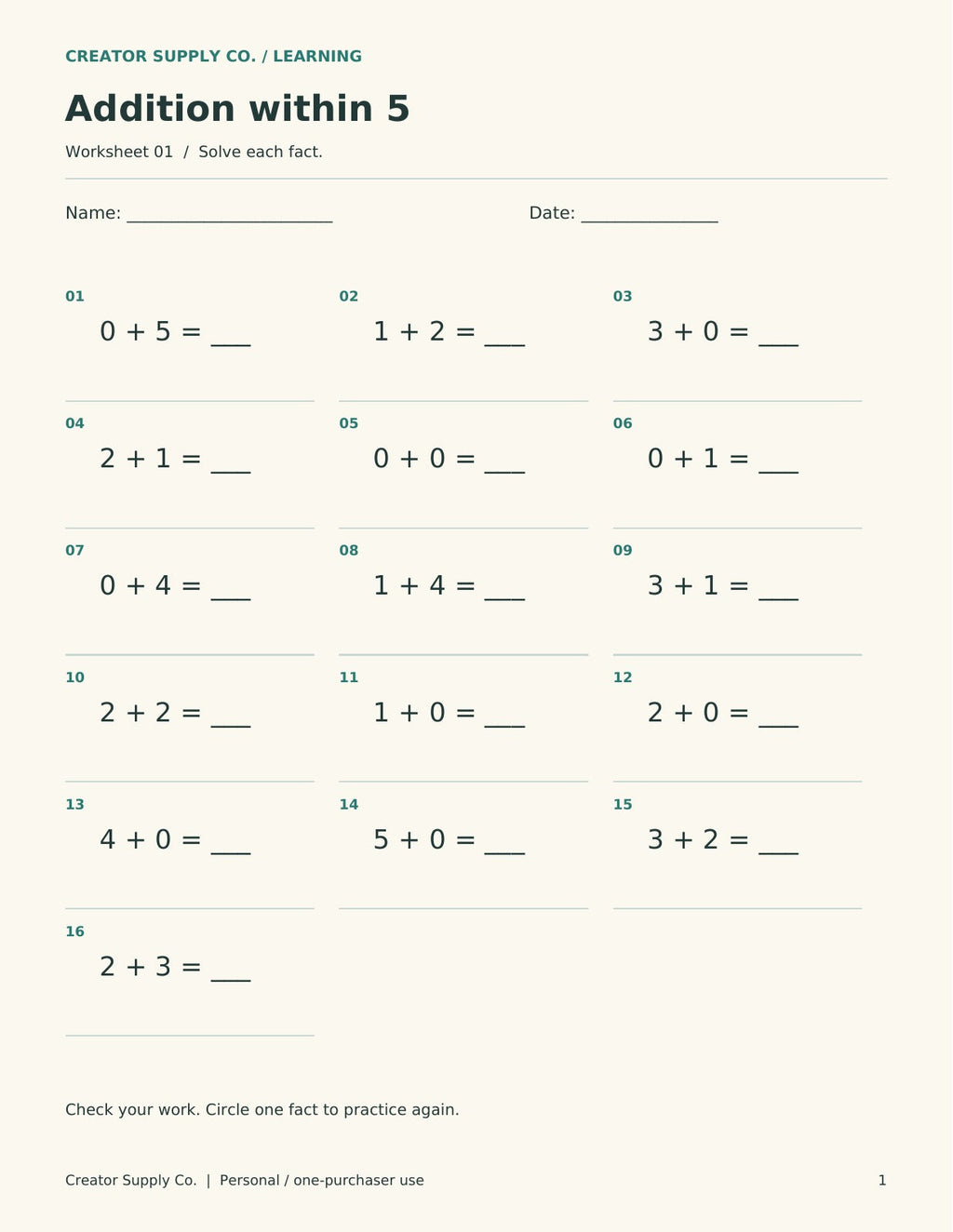 Addition within 5 worksheet with 16 number sentences and blank answer spaces, including 0 + 5 and 1 + 2.