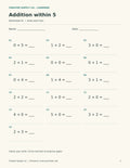 Addition within 5 worksheet with 16 number sentences and blank answer spaces, including 0 + 5 and 1 + 2.