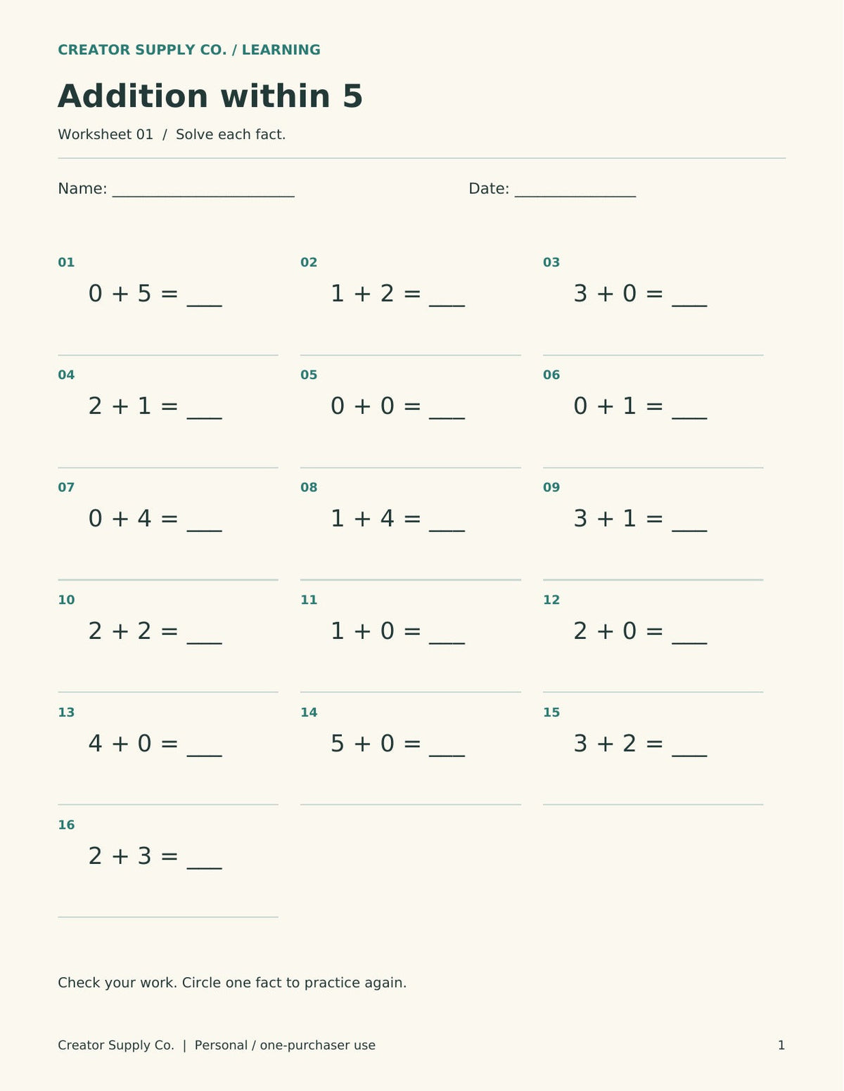 Addition within 5 worksheet with 16 number sentences and blank answer spaces, including 0 + 5 and 1 + 2.