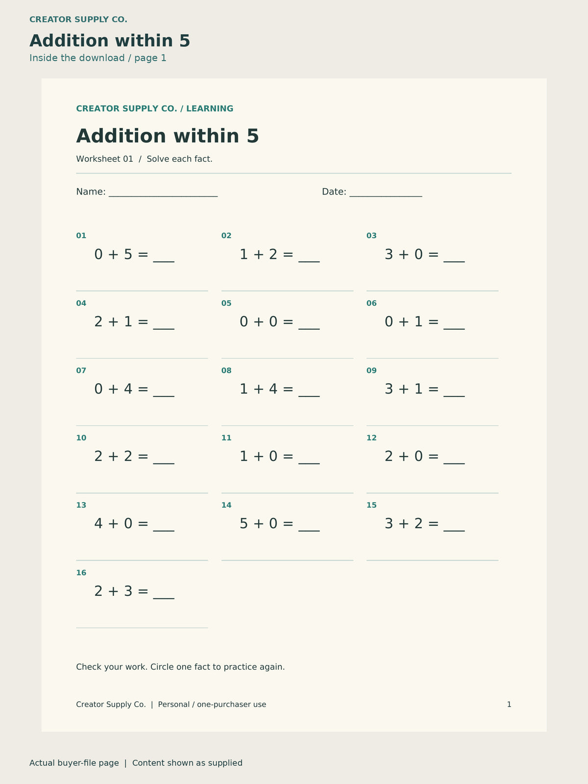 Page 1 from Math Facts Practice (Addition/Subtraction), showing Addition within 5.