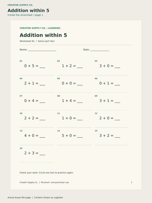 Page 1 from Math Facts Practice (Addition/Subtraction), showing Addition within 5.