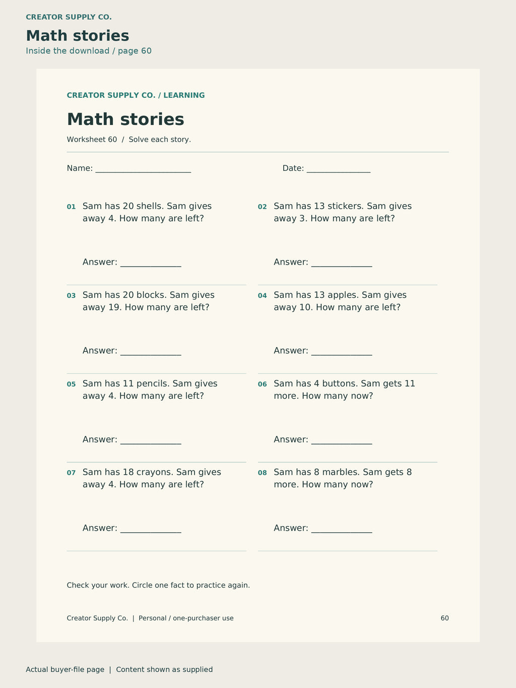 Page 60 from Math Facts Practice (Addition/Subtraction), showing Math stories.