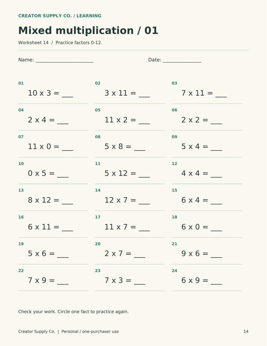 Mixed multiplication worksheet with 24 questions using factors from 0 to 12 and blank answer spaces.
