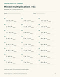 Mixed multiplication worksheet with 24 questions using factors from 0 to 12 and blank answer spaces.