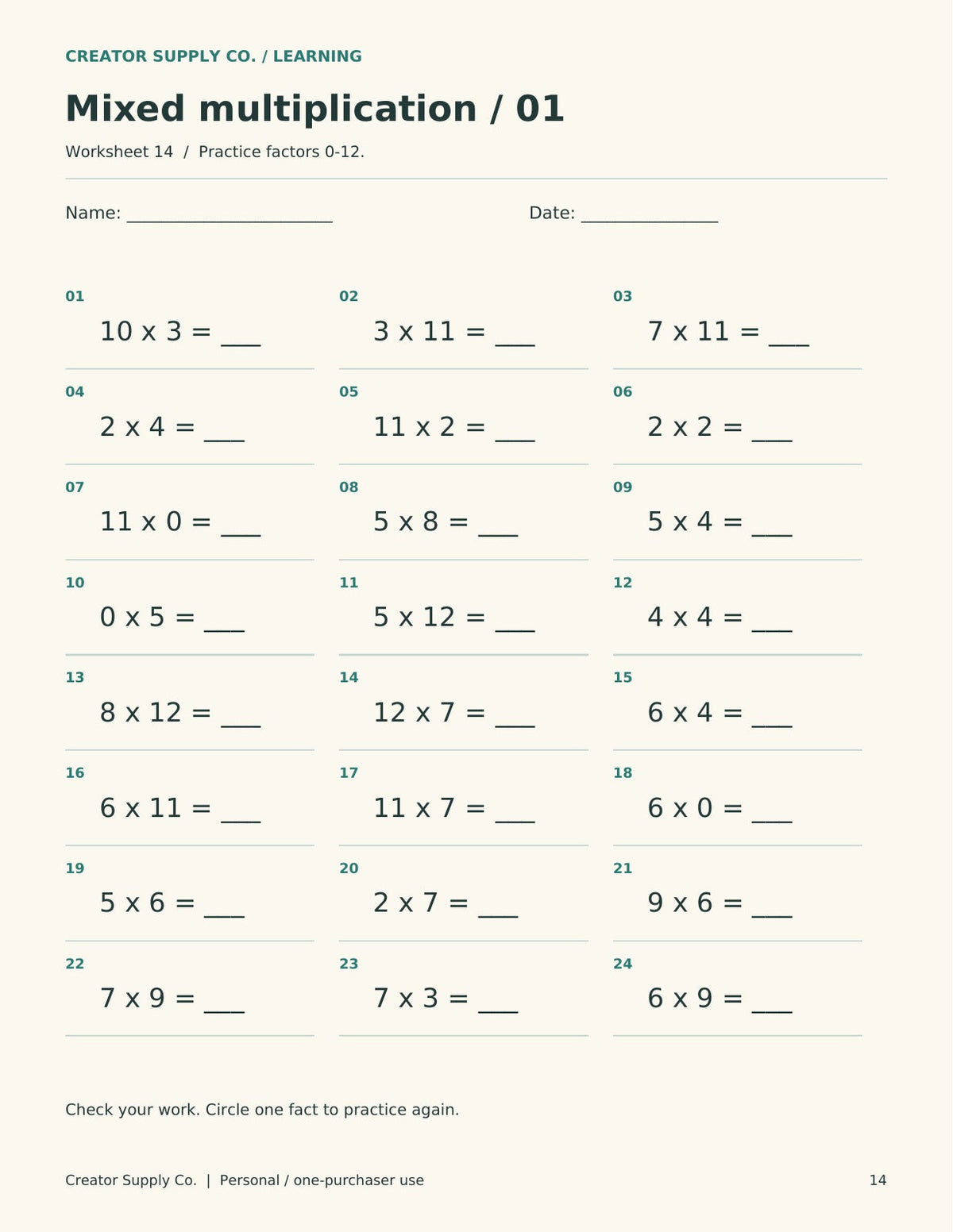 Mixed multiplication worksheet with 24 questions using factors from 0 to 12 and blank answer spaces.