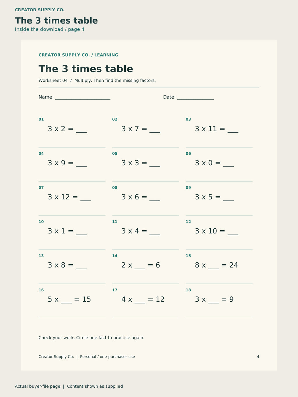Page 4 from Multiplication Practice Pack, showing The 3 times table.
