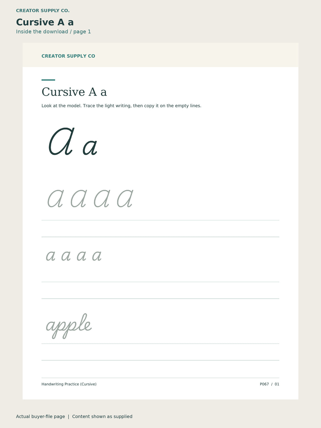 Page 1 from Handwriting Practice (Cursive), showing Cursive A a.