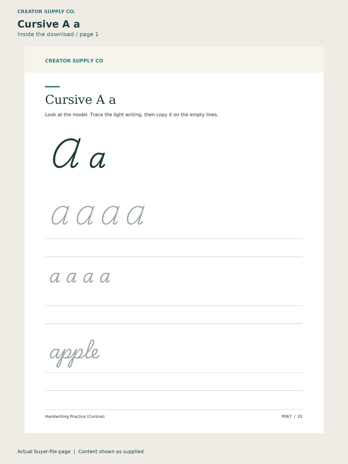 Page 1 from Handwriting Practice (Cursive), showing Cursive A a.