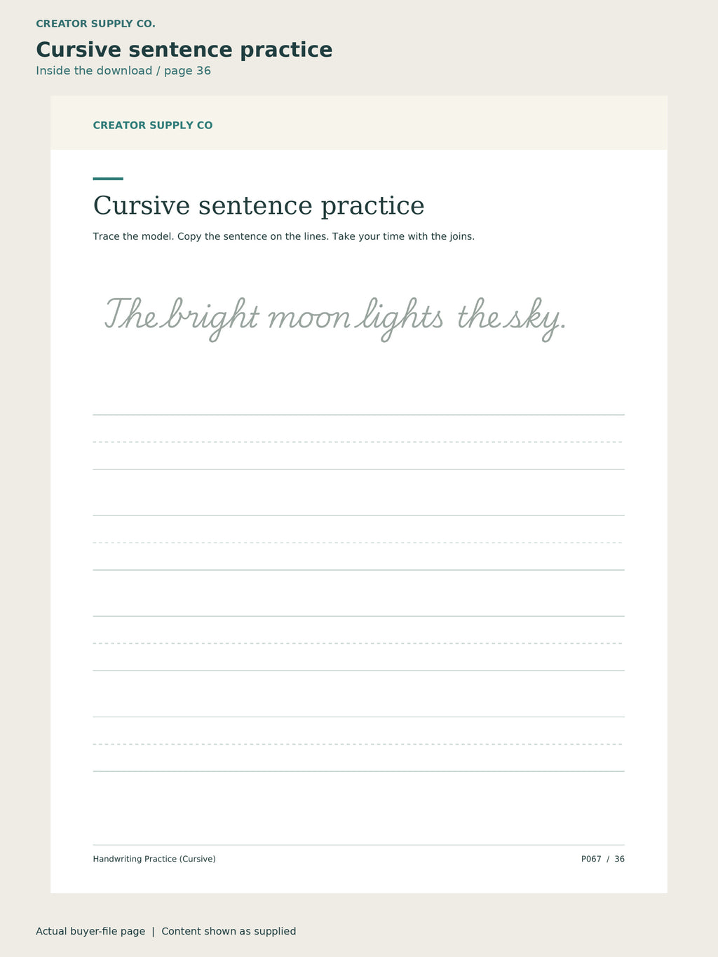 Page 36 from Handwriting Practice (Cursive), showing Cursive sentence practice.