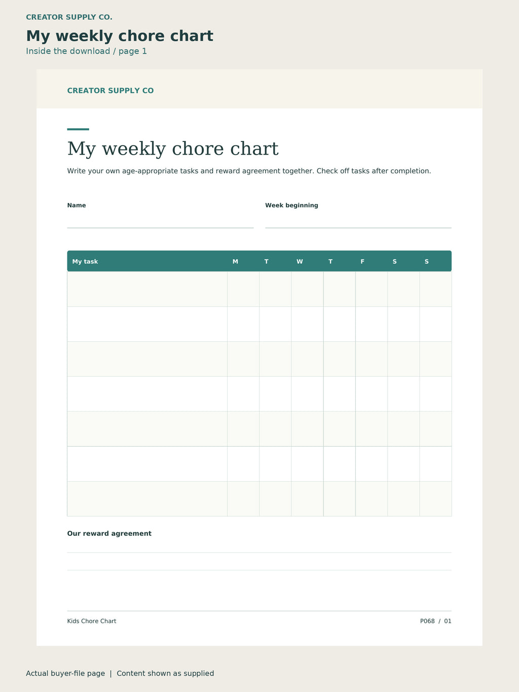 Page 1 from Kids Chore Chart, showing My weekly chore chart.