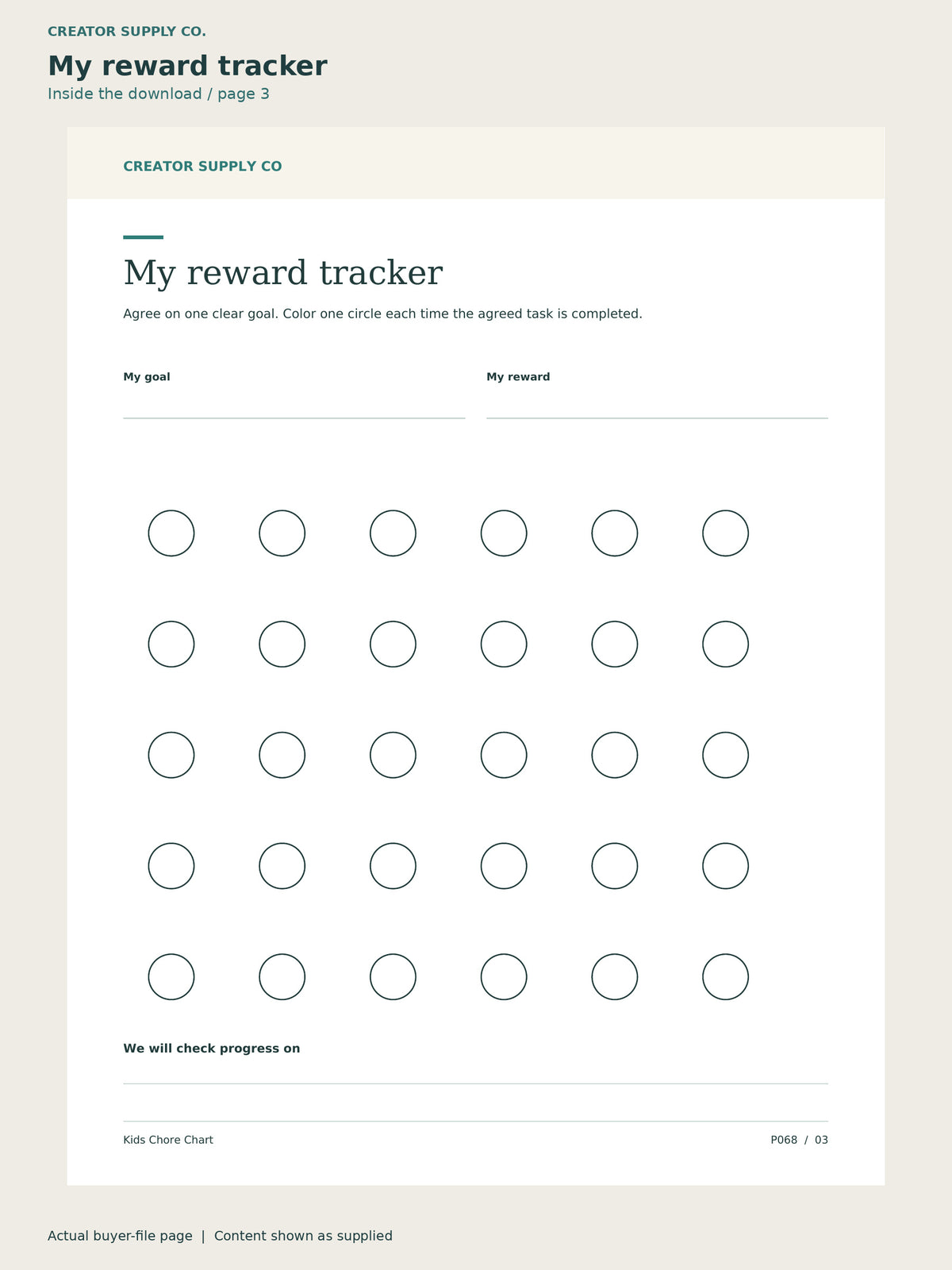 Page 3 from Kids Chore Chart, showing My reward tracker.