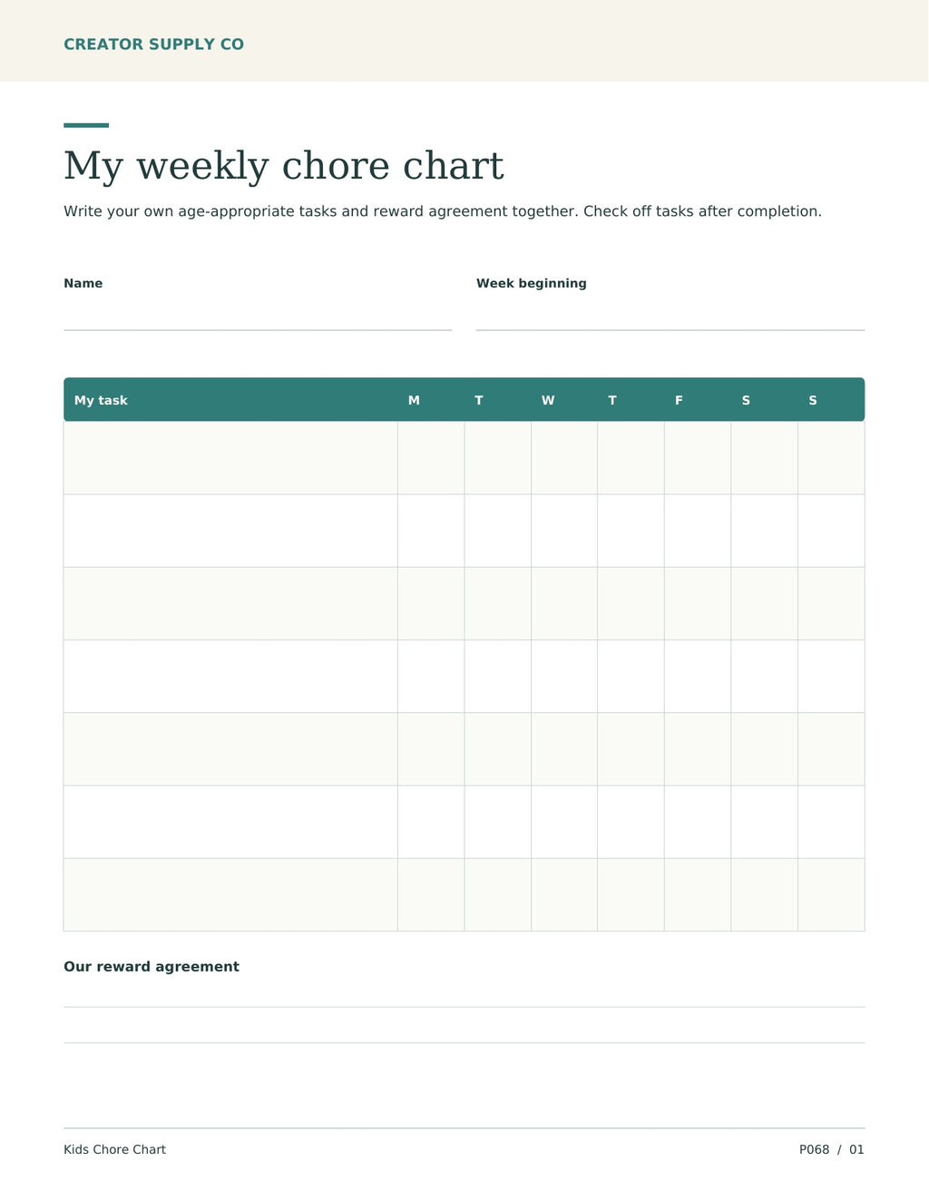 Kids Chore Chart – printable PDF pages preview