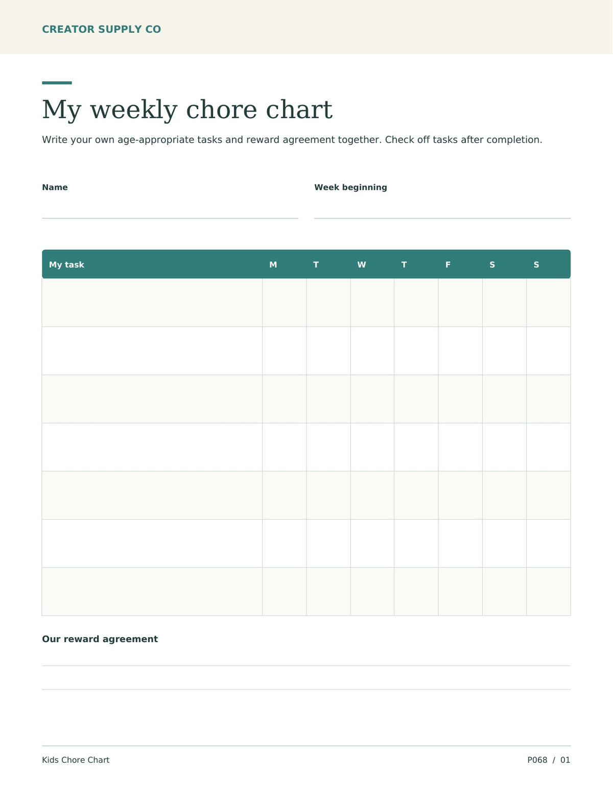 Kids Chore Chart – printable PDF pages preview