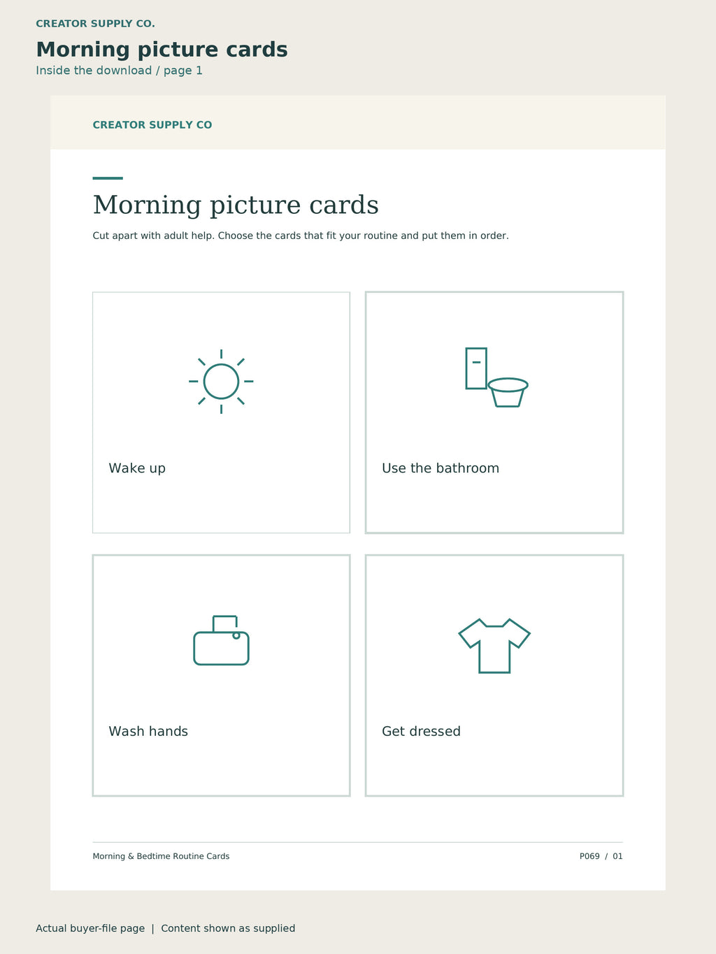 Page 1 from Morning & Bedtime Routine Cards, showing Morning picture cards.